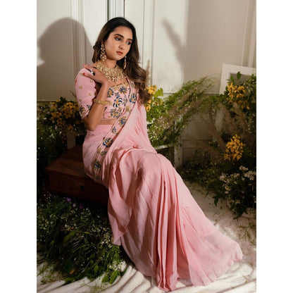 Simmi Guntaj Title Pink Ruffled Pre Draped Saree with Stitched Blouse