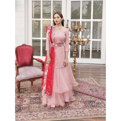 Simmi Guntaj Gulab Pink Lehenga with Kurta, Dupatta and Belt (Set of 4)