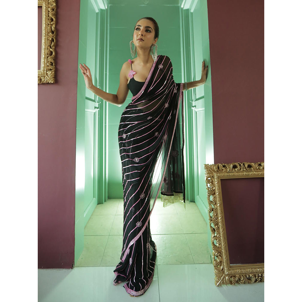 Simmi Guntaj Black Sequin Work Pre Draped Saree with Stitched Blouse