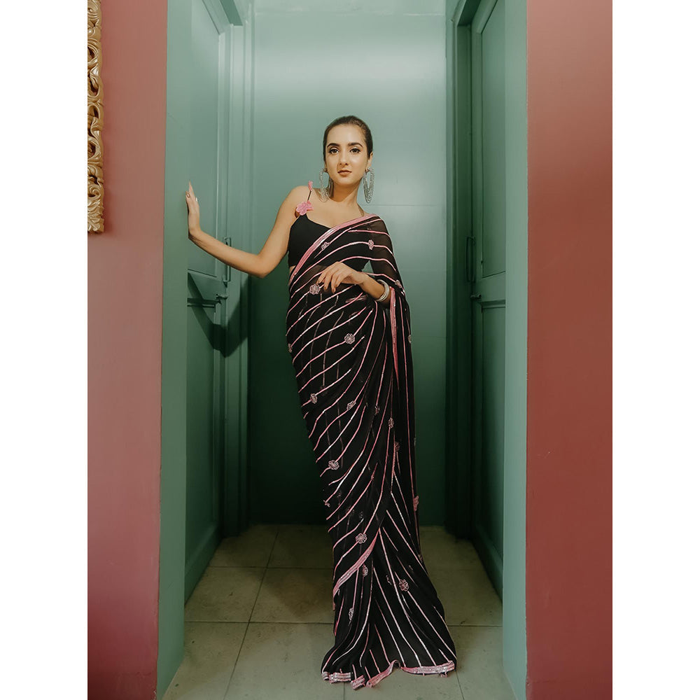 Simmi Guntaj Black Sequin Work Pre Draped Saree with Stitched Blouse