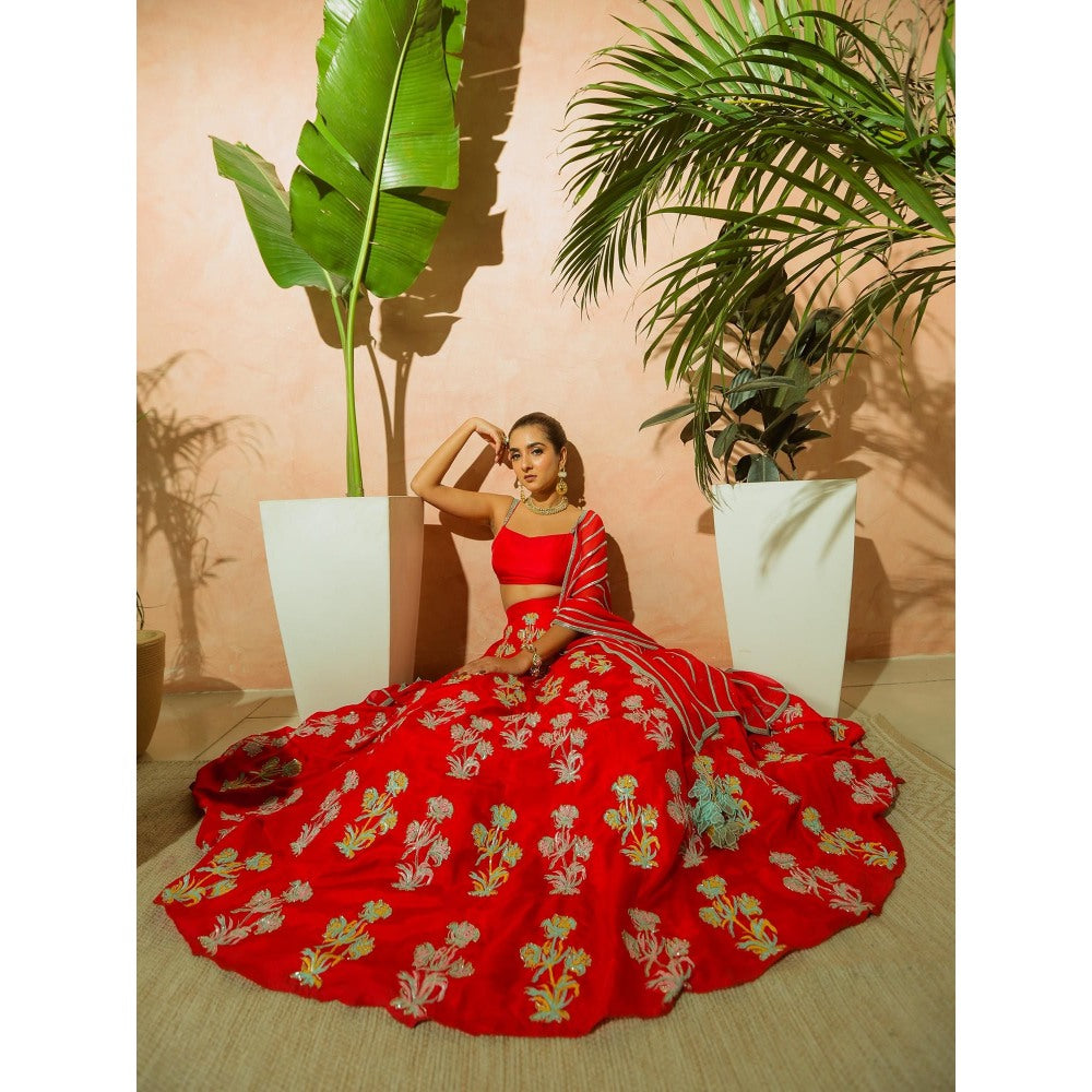 Simmi Guntaj The Red Jaipuri Lehenga with Blouse and Dupatta] (Set of 3)