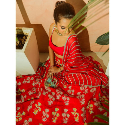 Simmi Guntaj The Red Jaipuri Lehenga with Blouse and Dupatta] (Set of 3)