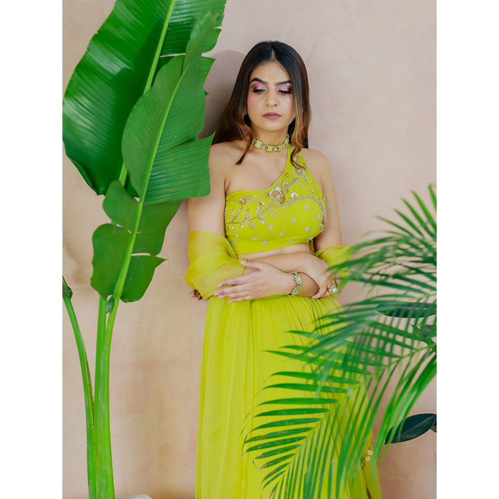 Simmi Guntaj Green One Shoulder Blouse with Lehenga and Dupatta (Set of 3)