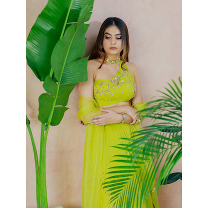 Simmi Guntaj Green One Shoulder Blouse with Lehenga and Dupatta (Set of 3)