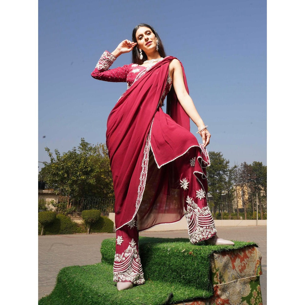 Simmi Guntaj Maroon Sequoia Pre Draped Saree and Pant with Stitched Blouse
