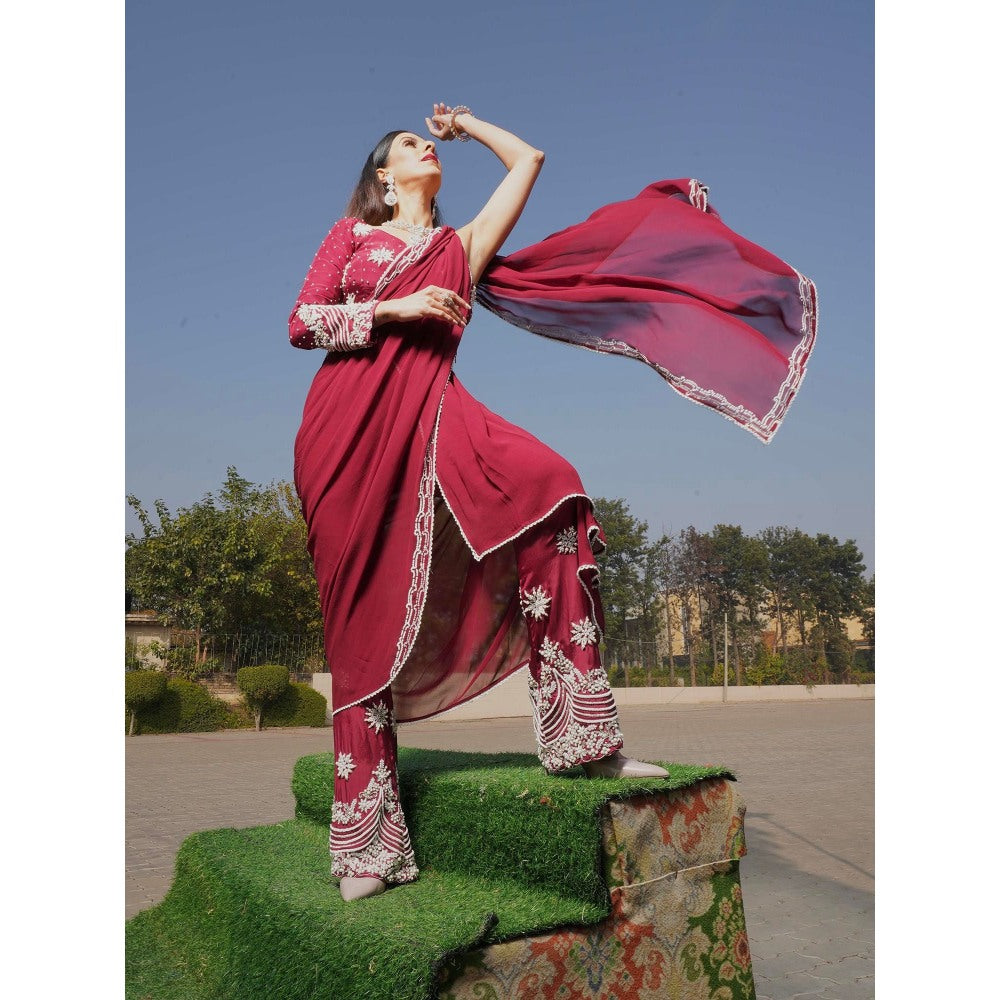 Simmi Guntaj Maroon Sequoia Pre Draped Saree and Pant with Stitched Blouse