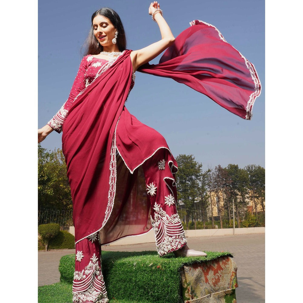 Simmi Guntaj Maroon Sequoia Pre Draped Saree and Pant with Stitched Blouse