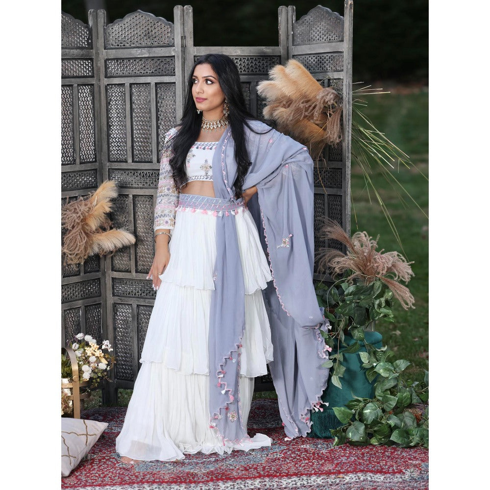 Simmi Guntaj White Zellij Lehenga with Blouse, Dupatta and Belt (Set of 4)