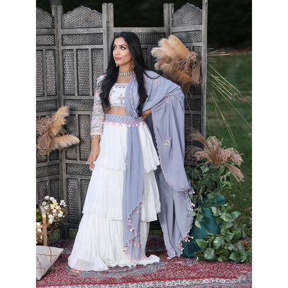 Simmi Guntaj White Zellij Lehenga with Blouse, Dupatta and Belt (Set of 4)
