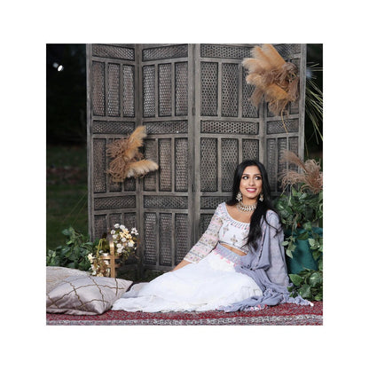 Simmi Guntaj White Zellij Lehenga with Blouse, Dupatta and Belt (Set of 4)
