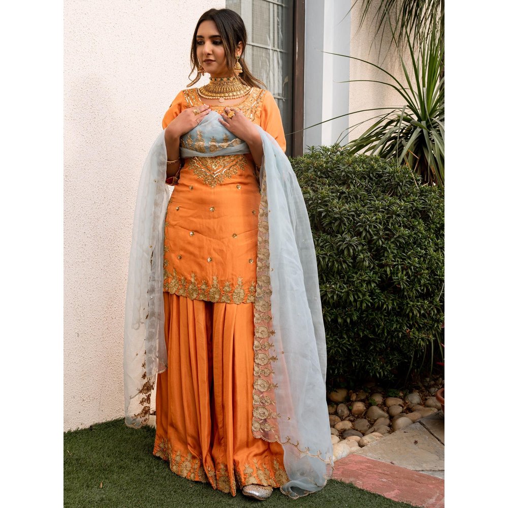 Simmi Guntaj Orange Sharara with Kurta and Dupatta (Set of 3)