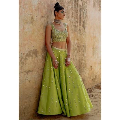 Saksham & Neharicka Green Embroidered Lehenga in Chanderi (Set of 3)