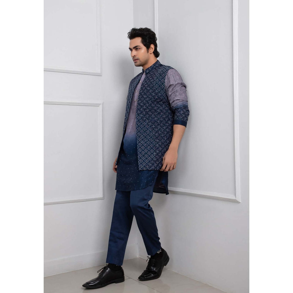 SMRITI Blue Ombre Embroidered Nehru Jacket with Kurta and Pant