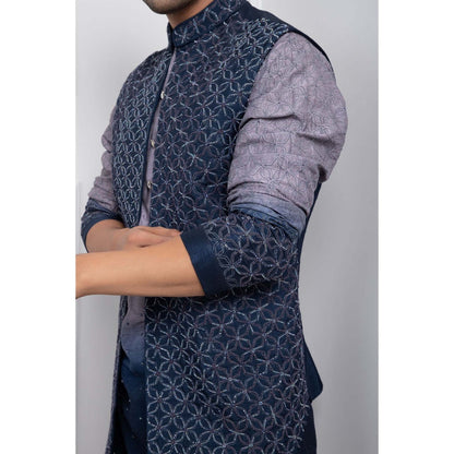 SMRITI Blue Ombre Embroidered Nehru Jacket with Kurta and Pant