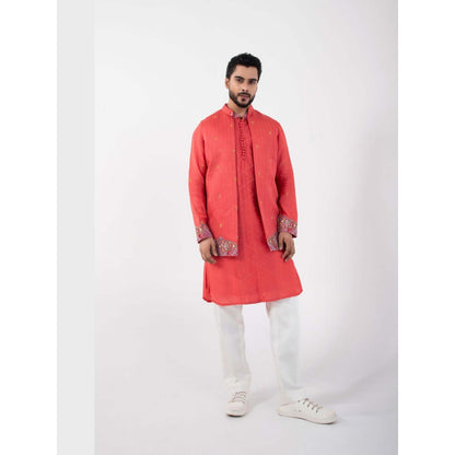 SMRITI Coral Red Kurta with Pant and Nehru Jacket