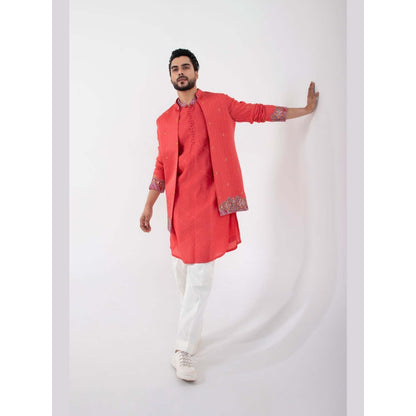SMRITI Coral Red Kurta with Pant and Nehru Jacket