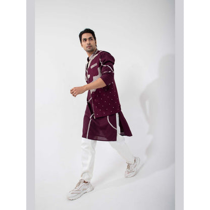 SMRITI Maroon Embroidered Nehru Jacket with Kurta and Pant