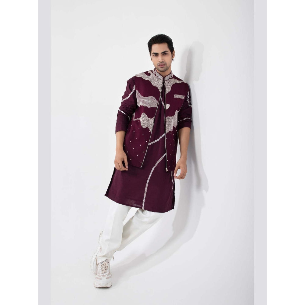 SMRITI Maroon Embroidered Nehru Jacket with Kurta and Pant