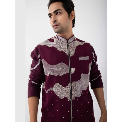 SMRITI Maroon Embroidered Nehru Jacket with Kurta and Pant