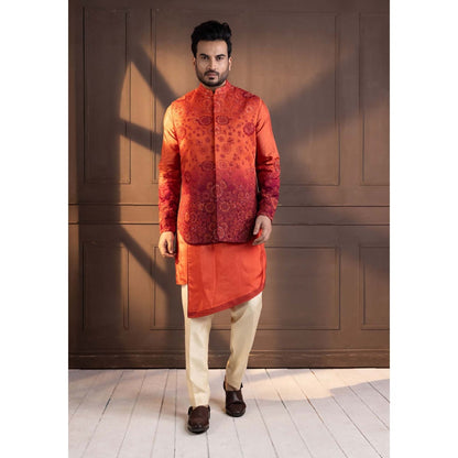 SMRITI Orange Embroidered Nehru Jacket with Kurta and Pant