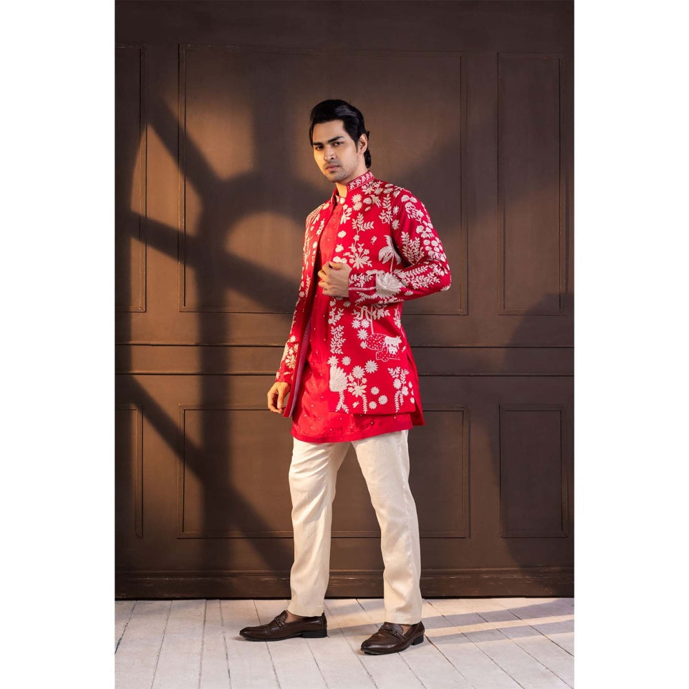 SMRITI Red Embroidered Nehru Jacket