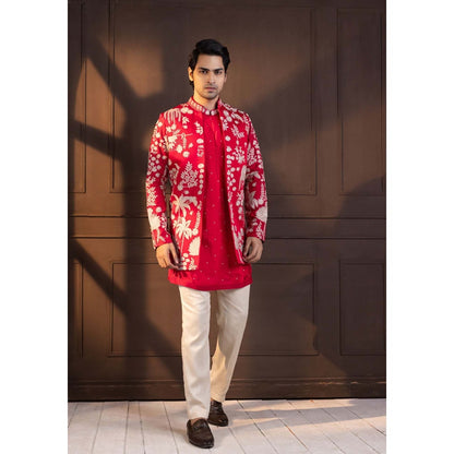 SMRITI Red Embroidered Nehru Jacket With Kurta And Pant