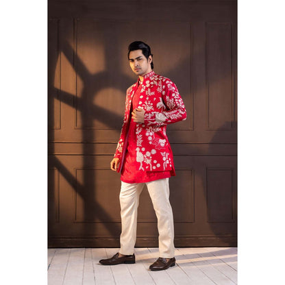 SMRITI Red Embroidered Nehru Jacket With Kurta And Pant