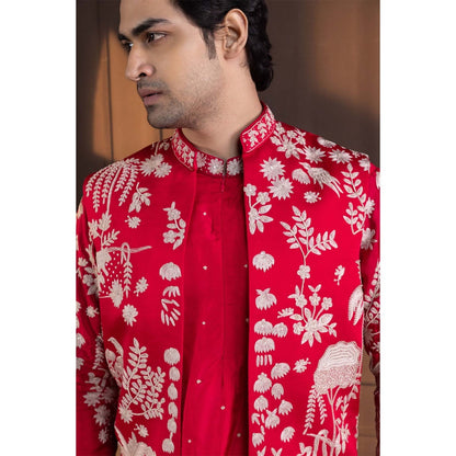 SMRITI Red Embroidered Nehru Jacket With Kurta And Pant
