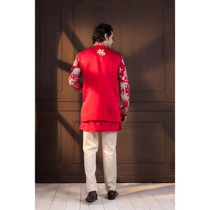 SMRITI Red Embroidered Nehru Jacket With Kurta And Pant