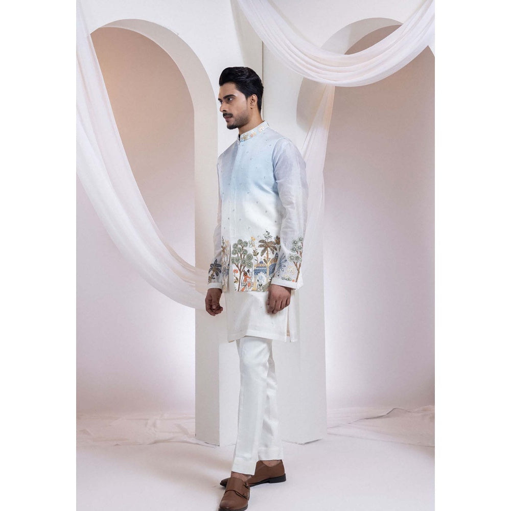 SMRITI Ivory Madhubani Neelra Nehru Jacket And Kurta With Pant