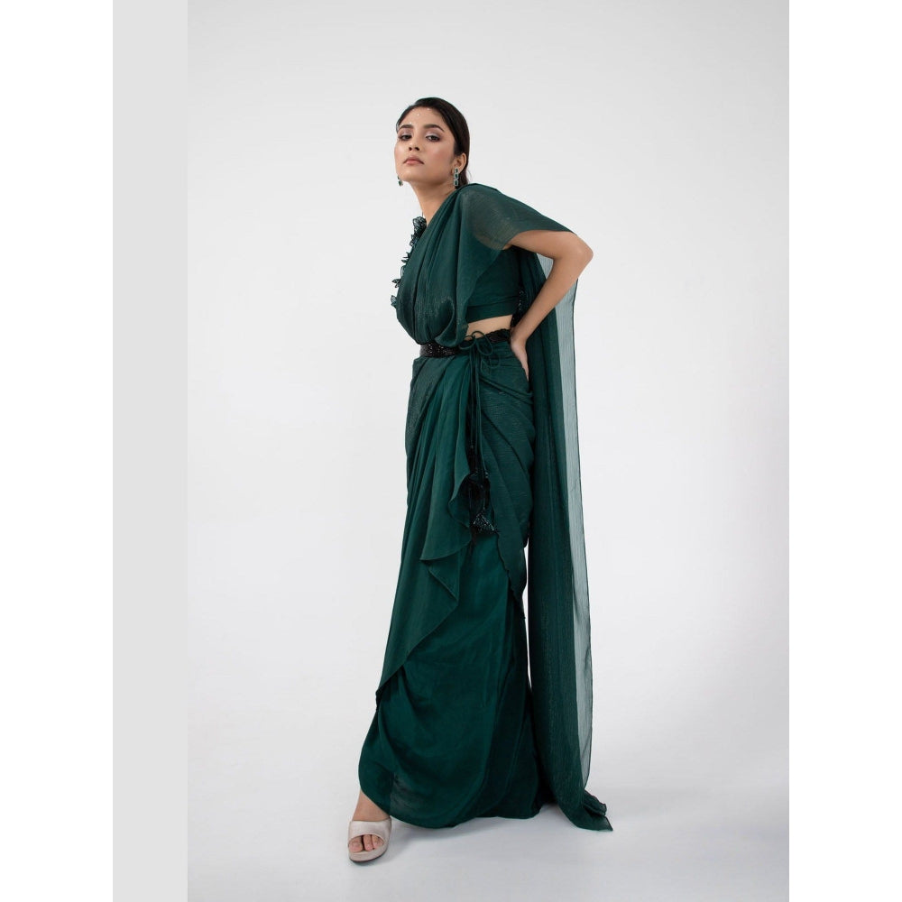 SMRITI Emerald 3D Floral Pre-Draped Saree with Stitched Blouse and Belt