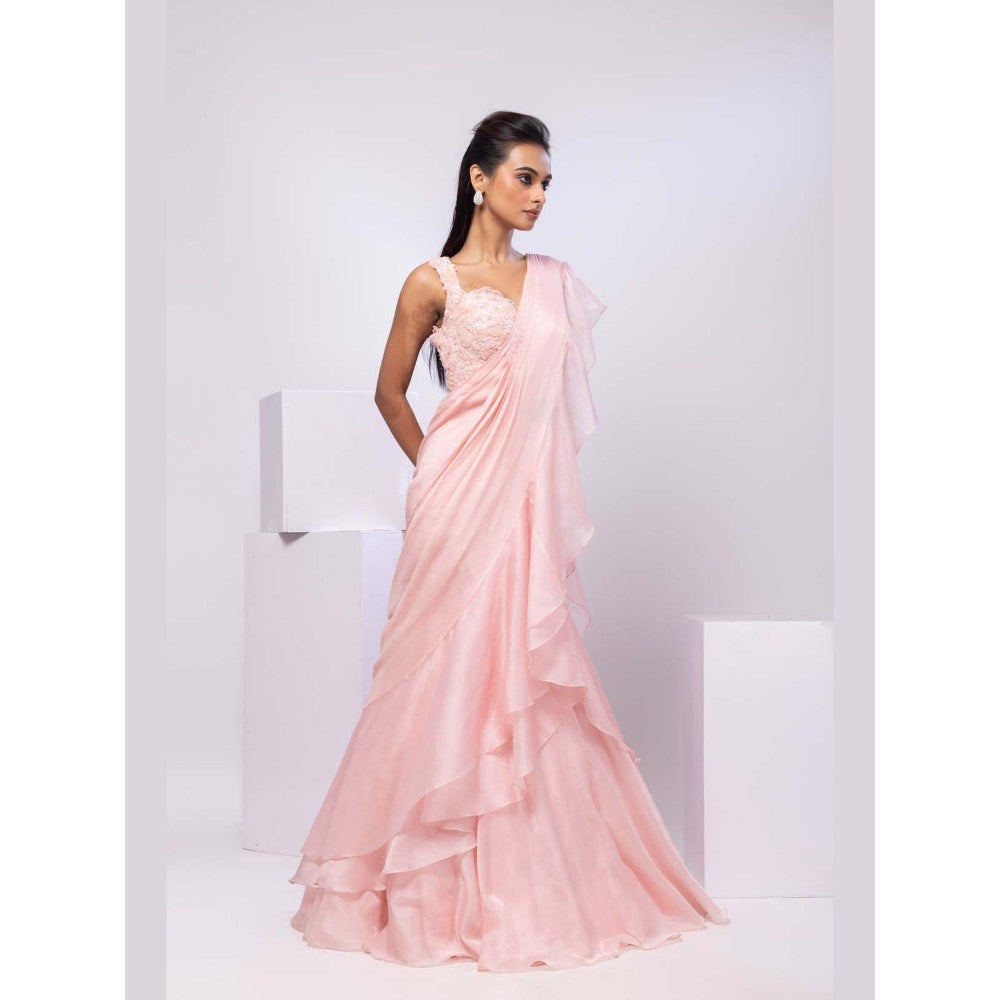 SMRITI Nova Pink Pre-Draped Saree with Stitched Blouse