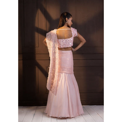 SMRITI Romantic Rose Embellished Pre-Draped Saree with Stitched Blouse