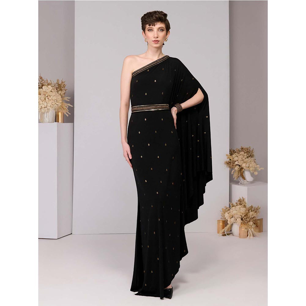 S&N by Shantnu Nikhil Black Adamas Printed One-Shoulder Dress with Belt
