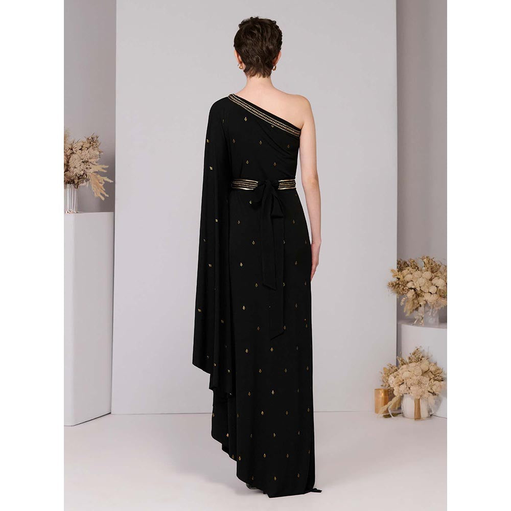 S&N by Shantnu Nikhil Black Adamas Printed One-Shoulder Dress with Belt