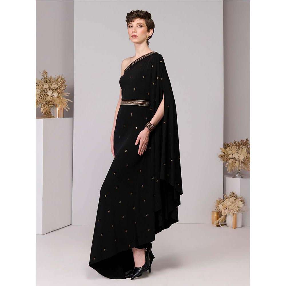 S&N by Shantnu Nikhil Black Adamas Printed One-Shoulder Dress with Belt
