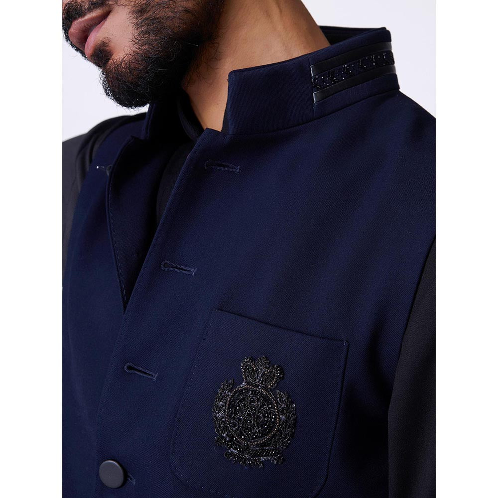 S&N by Shantnu Nikhil Navy Blue Rayon Blend Sleeveless Waistcoat