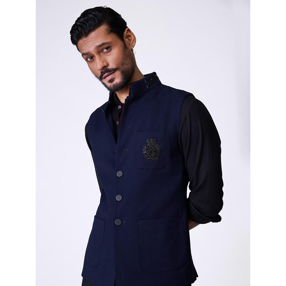 S&N by Shantnu Nikhil Navy Blue Rayon Blend Sleeveless Waistcoat