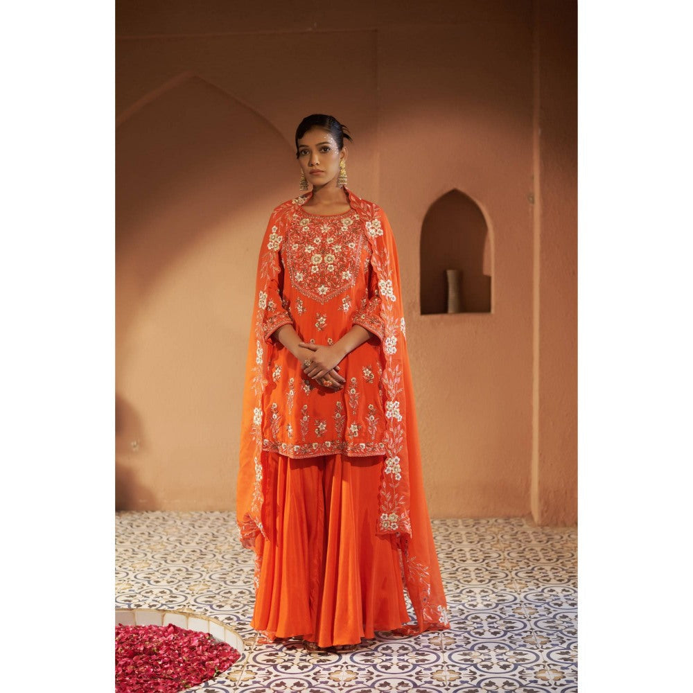 Sonia Khatri Orange Plumeria Sharara with Kurta and Dupatta (Set of 3)