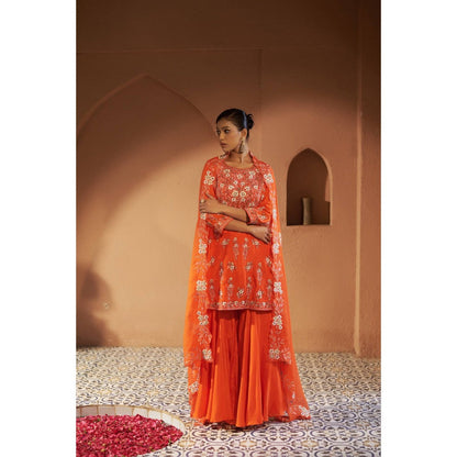 Sonia Khatri Orange Plumeria Sharara with Kurta and Dupatta (Set of 3)