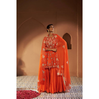 Sonia Khatri Orange Plumeria Sharara with Kurta and Dupatta (Set of 3)