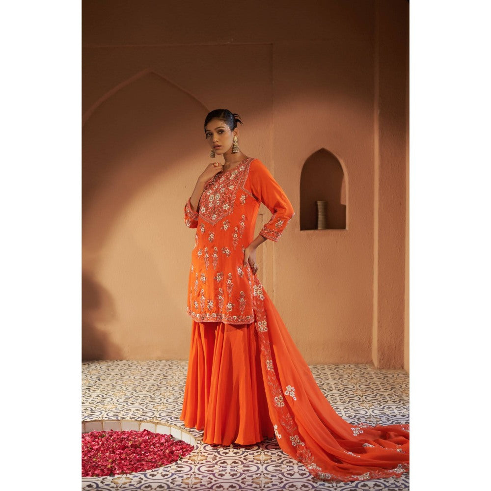 Sonia Khatri Orange Plumeria Sharara with Kurta and Dupatta (Set of 3)