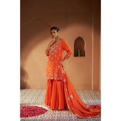 Sonia Khatri Orange Plumeria Sharara with Kurta and Dupatta (Set of 3)