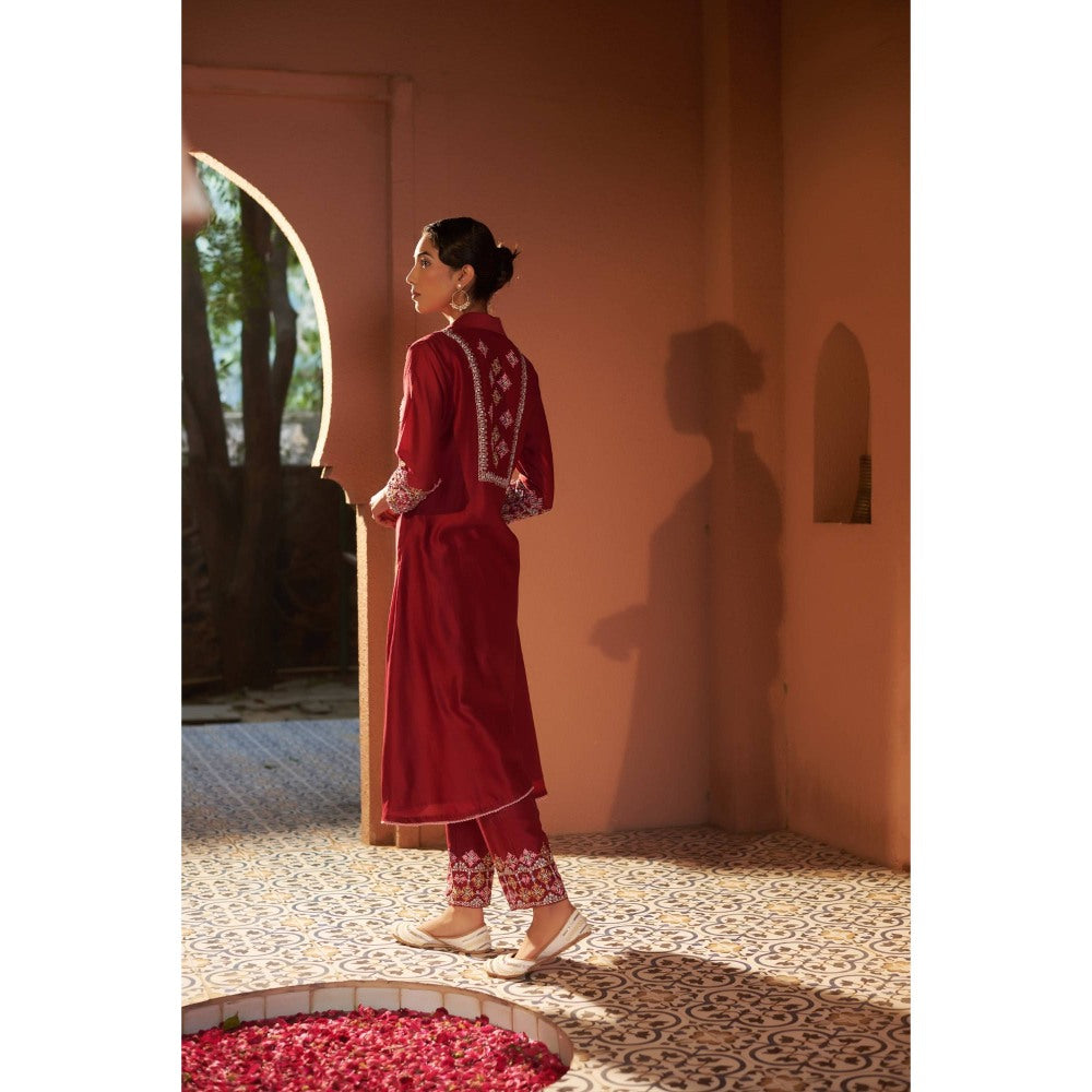 Sonia Khatri Maroon Persian Buttercup High-Low Kurta with Pant (Set of 2)
