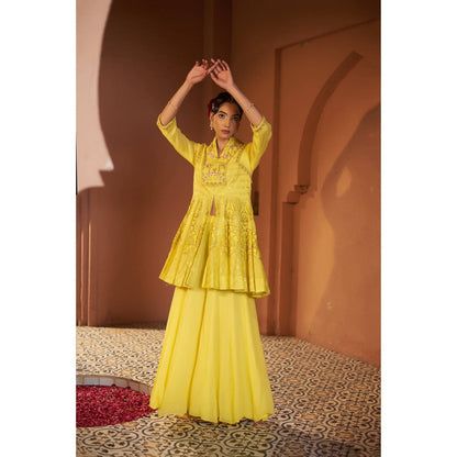 Sonia Khatri Yellow Sunflower Peplum Top with Sharara (Set of 2)
