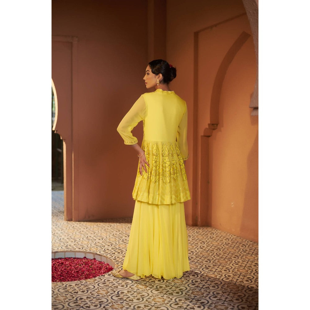 Sonia Khatri Yellow Sunflower Peplum Top with Sharara (Set of 2)