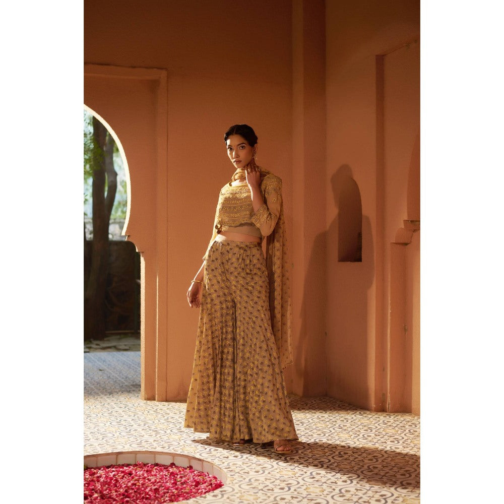 Sonia Khatri Beige Floral Printed Sharara with Blouse and Inner and Dupatta (Set of 4)