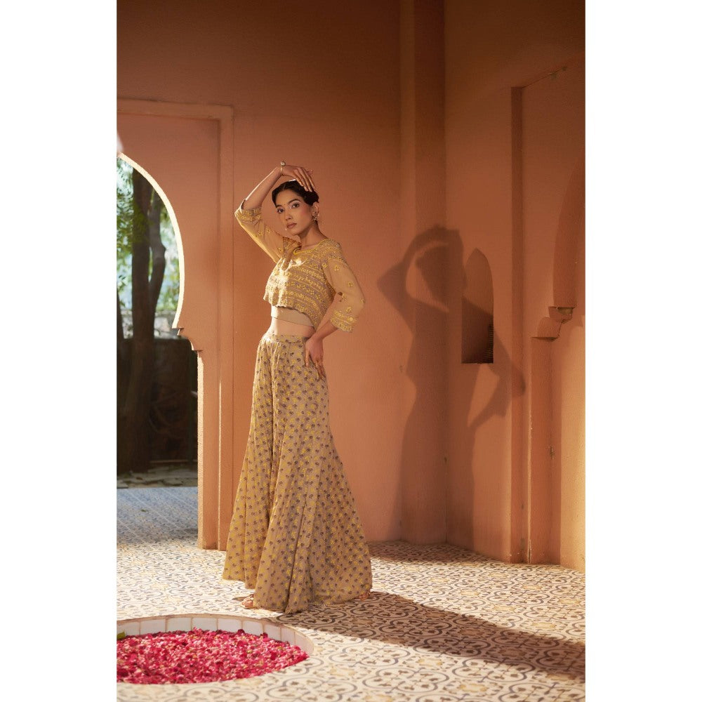 Sonia Khatri Beige Floral Printed Sharara with Blouse and Inner and Dupatta (Set of 4)