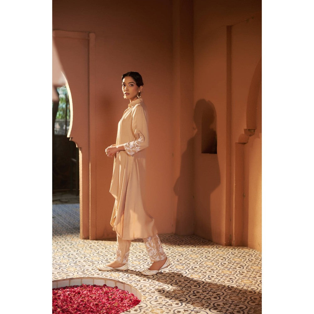 Sonia Khatri Beige Cashmere High-Low Kurta with Pant (Set of 2)