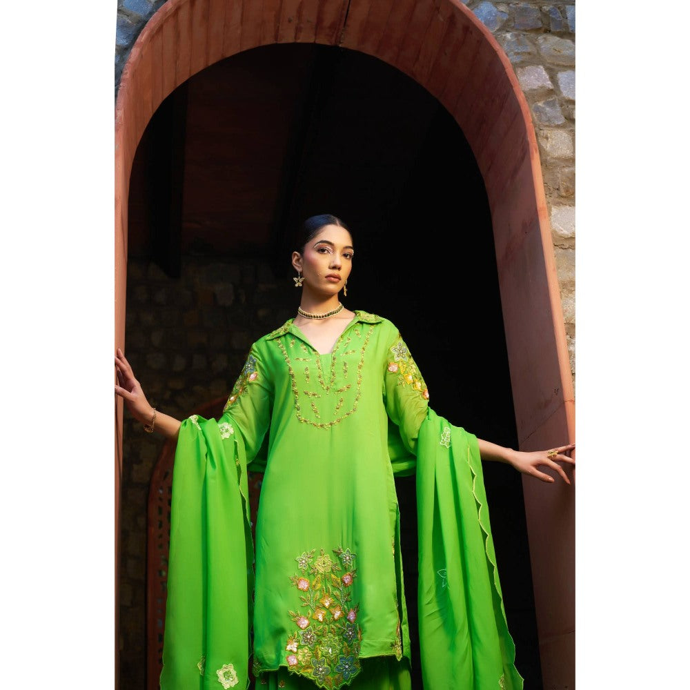 Sonia Khatri Green Blossom Sharara with Kurta and Dupatta (Set of 3)